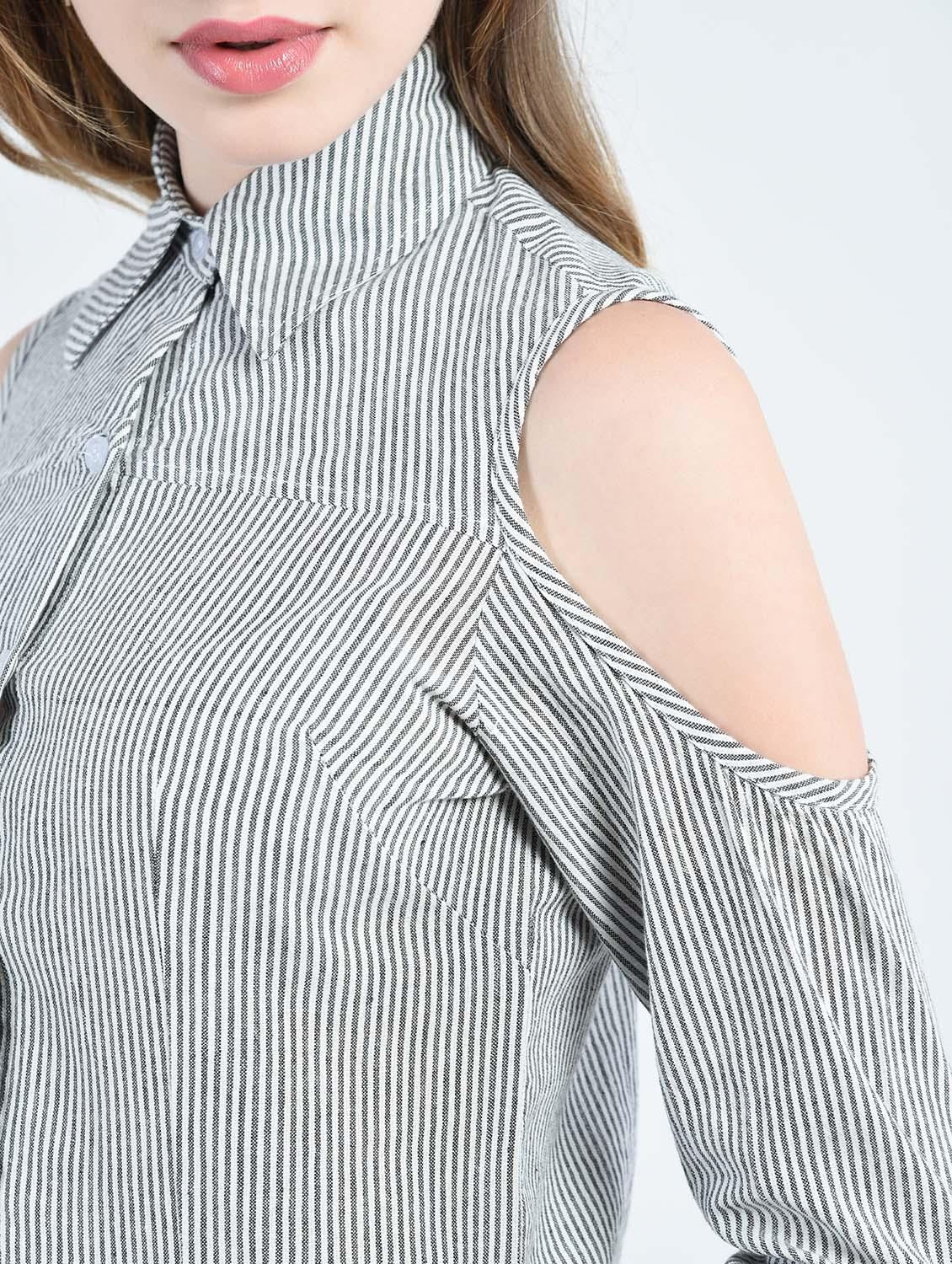 grey striped cold shoulder shirt - 14914867 - Zoom Image - 5