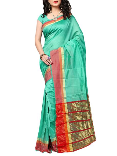 green cotton silk bordered saree with blouse - 14915191 - Standard Image - 1