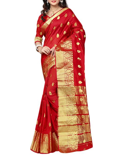 red cotton silk banarasi saree with blouse - 14915202 - Standard Image - 1