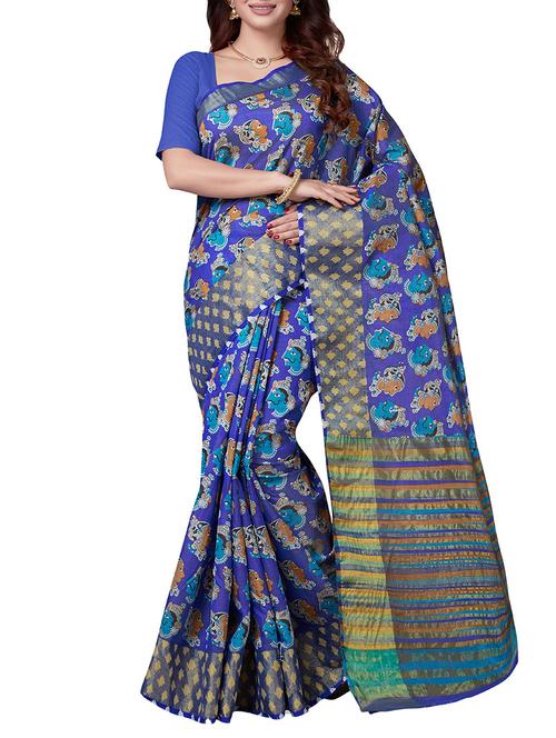 blue art silk printed saree with blouse - 14916443 - Very Small Image - 1