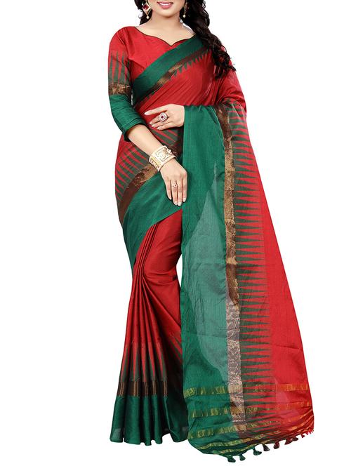 red cotton woven saree with blouse - 14916637 - Very Small Image - 1