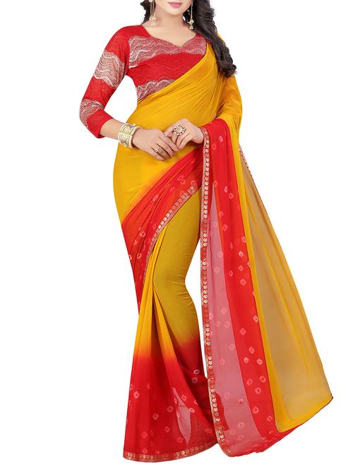 yellow chiffon bandhani saree with blouse - 14916646 - Very Small Image - 1