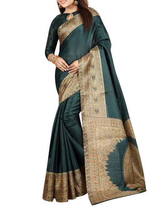 green khadi printed saree with blouse - 14916650 - Very Small Image - 1