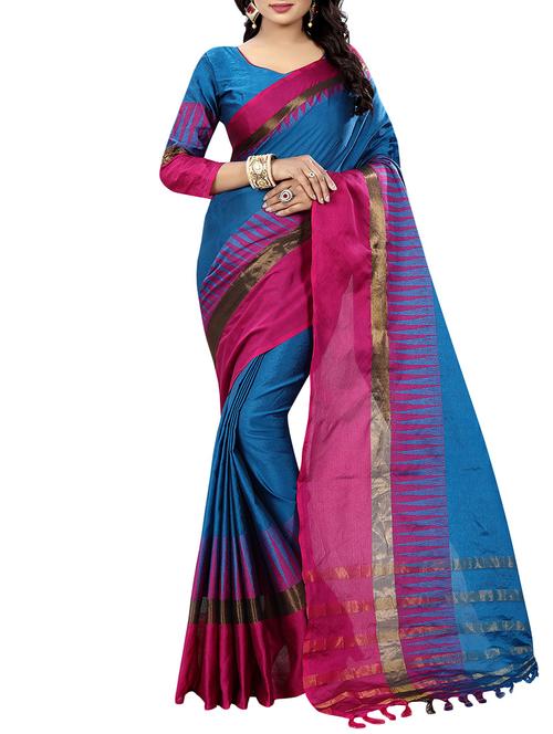 blue cotton bordered saree with blouse - 14916901 - Very Small Image - 1