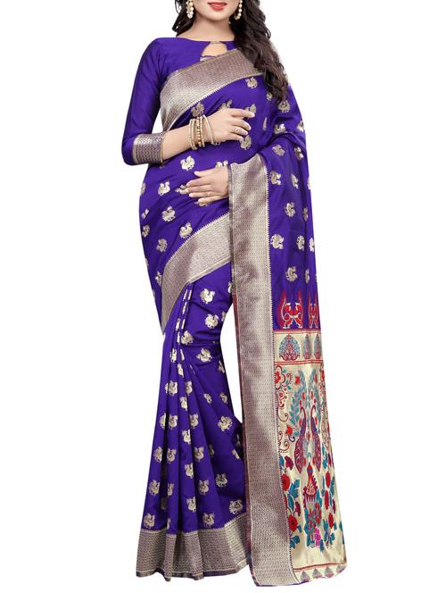 blue cotton silk kanjivaram saree with blouse - 14916954 - Very Small Image - 1