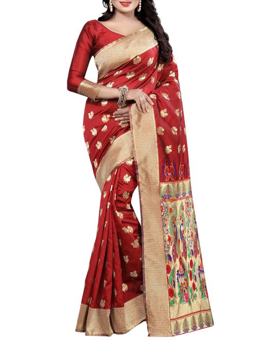red cotton silk kanjivaram saree with blouse - 14916955 - Very Small Image - 1