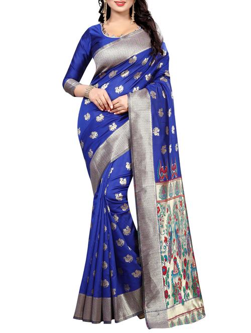 blue cotton silk kanjivaram saree with blouse - 14916956 - Very Small Image - 1