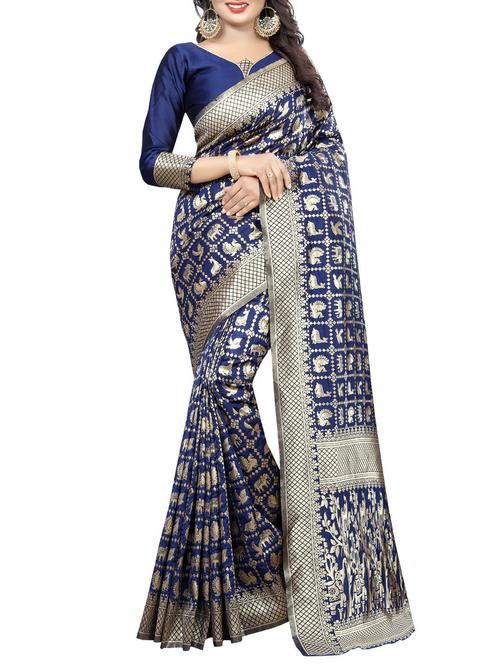 blue cotton silk kanjivaram saree with blouse - 14916958 - Very Small Image - 1