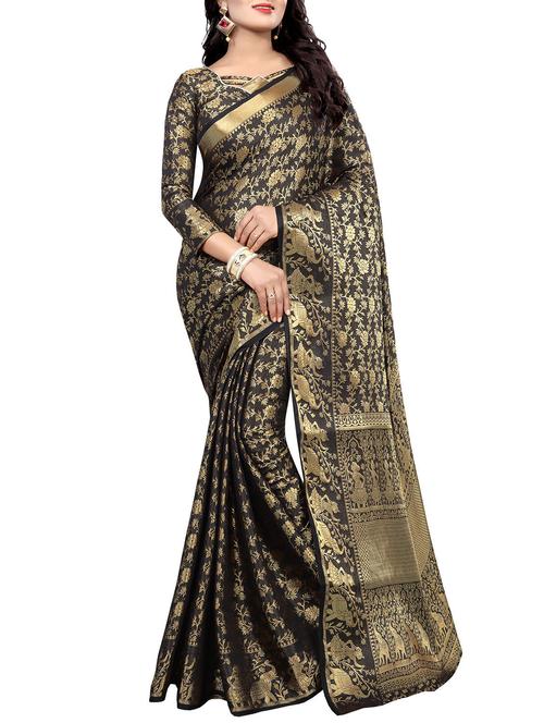 black cotton silk banarasi saree with blouse - 14916962 - Very Small Image - 1