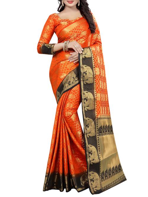 orange cotton silk banarasi saree with blouse - 14916971 - Very Small Image - 1