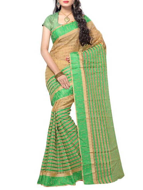 green cotton blend woven saree with blouse - 14916977 - Very Small Image - 1