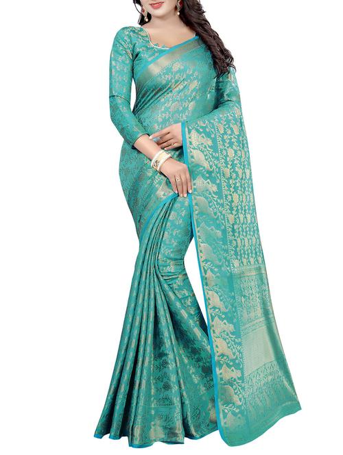 turquoise cotton silk banarasi saree with blouse - 14917200 - Very Small Image - 1