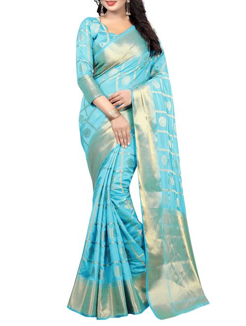 turquoise cotton silk banarasi saree with blouse - 14917201 - Very Small Image - 1