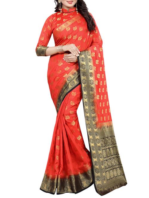 red cotton silk banarasi saree with blouse - 14917202 - Very Small Image - 1
