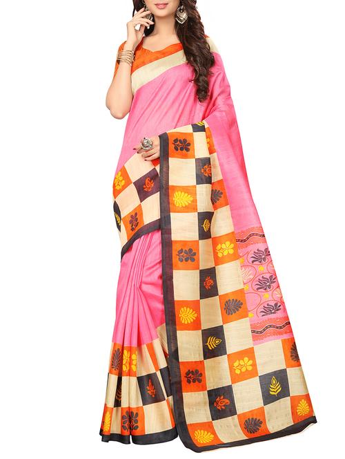 pink art silk printed saree with blouse - 14918166 - Very Small Image - 1