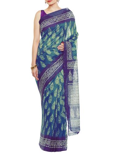 blue art silk printed saree with blouse - 14918688 - Very Small Image - 1