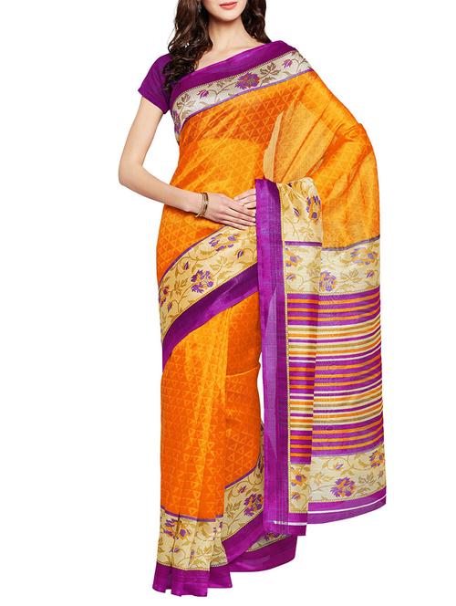 mustard art silk printed saree with blouse - 14918694 - Standard Image - 1