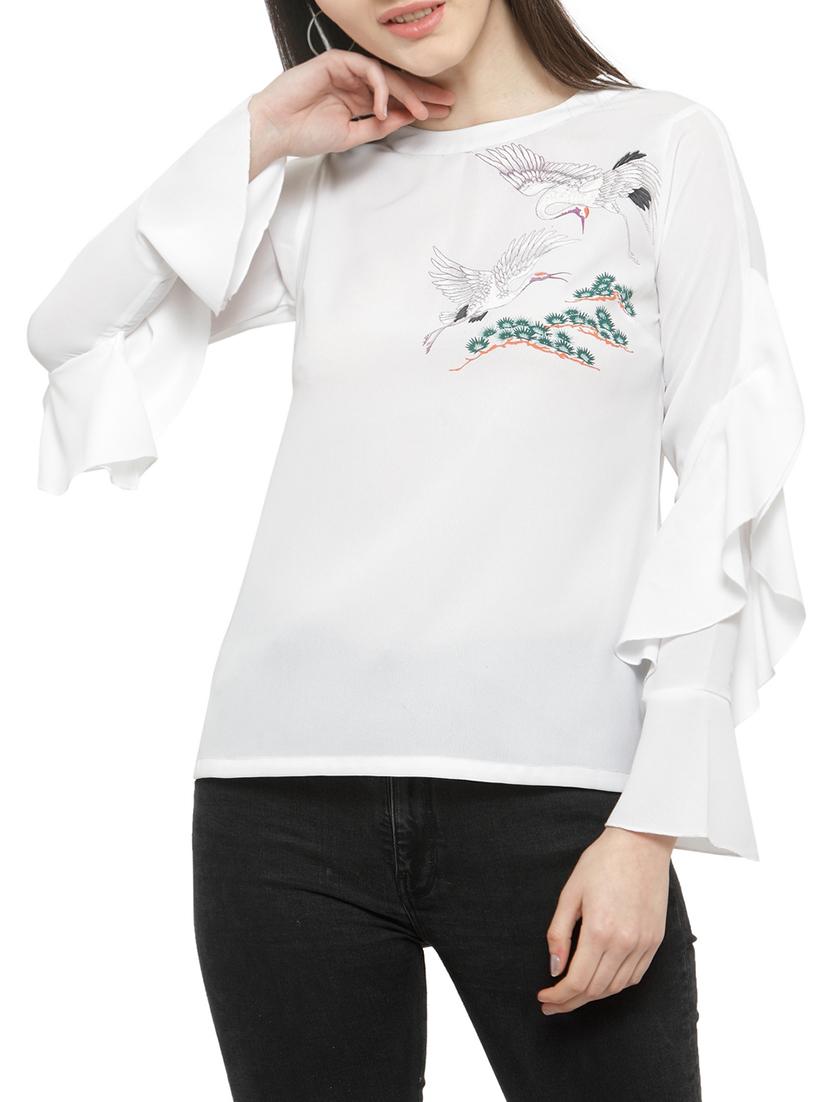 white printed ruffled sleeved top - 14919776 - Zoom Image - 1