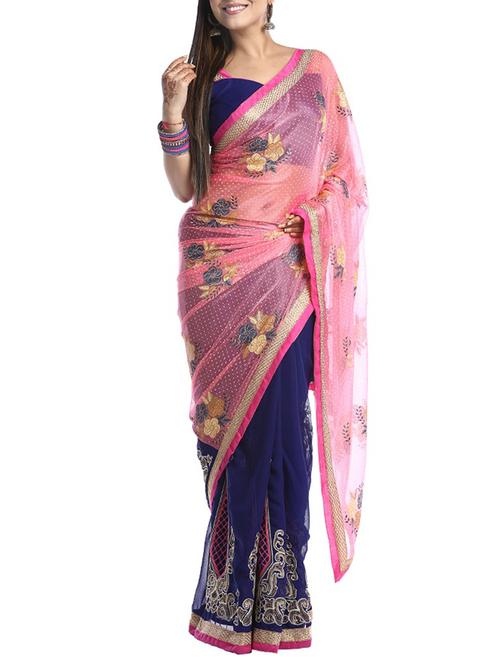 pink georgette half and half saree with blouse - 14921160 - Very Small Image - 1