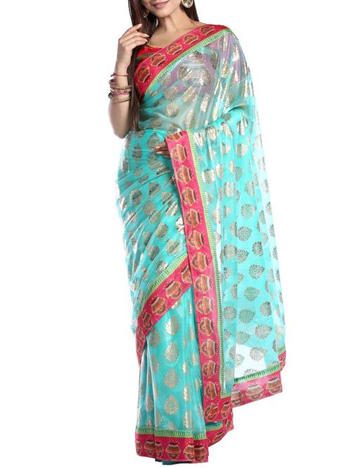 turquoise georgette printed saree with blouse - 14921162 - Standard Image - 1
