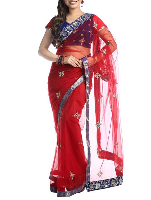 red net embroidered saree with blouse - 14921166 - Standard Image - 1