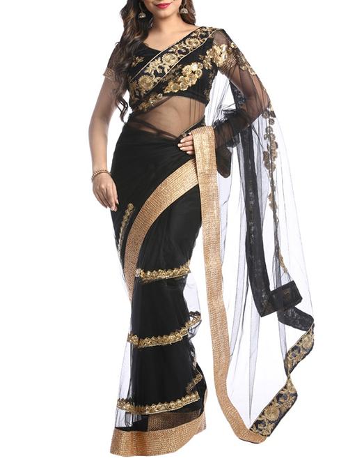 black net embroidered saree with blouse - 14921175 - Standard Image - 1