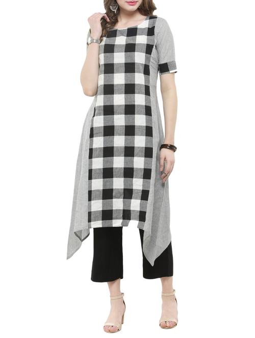 Woven checks asymmetric kurta - 14921211 - Standard Image - 1