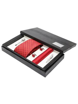 red micro fiber tie with tie pin, pocket square, cufflinks and brooch - 14921284 - Standard Image - 6