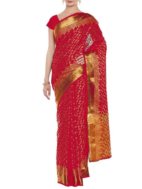 red georgette woven saree with blouse - 14921331 - Very Small Image - 1
