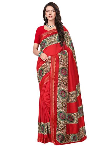 red kora silk printed saree with blouse - 14922241 - Very Small Image - 1