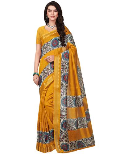 yellow kora silk printed saree with blouse - 14922243 - Very Small Image - 1