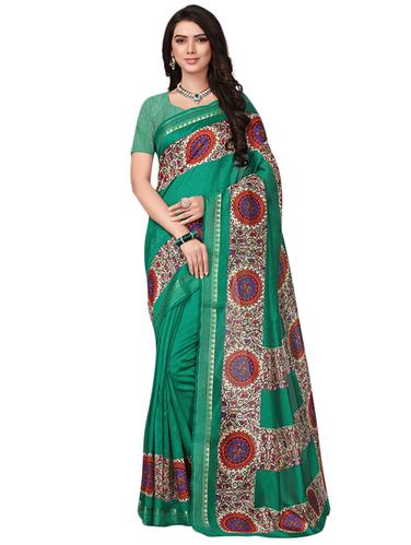 green kora silk printed saree with blouse - 14922244 - Very Small Image - 1