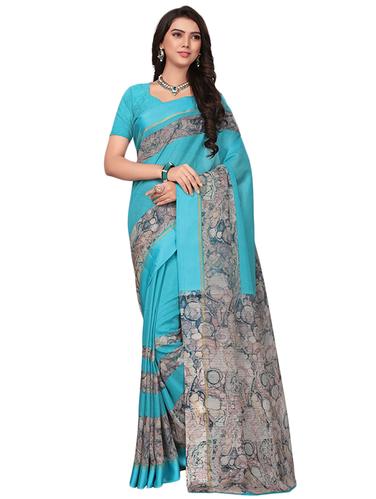 turquoise kora silk printed saree with blouse - 14922261 - Very Small Image - 1