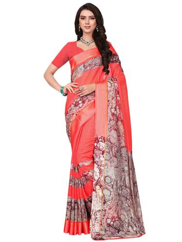 red kora silk printed saree with blouse - 14922263 - Very Small Image - 1