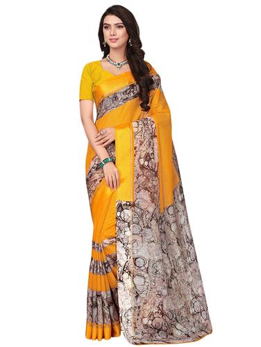 yellow kora silk printed saree with blouse - 14922264 - Very Small Image - 1