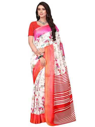 white cotton silk printed saree with blouse - 14922269 - Very Small Image - 1