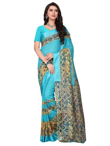 turquoise kora silk printed saree with blouse - 14922277 - Very Small Image - 1