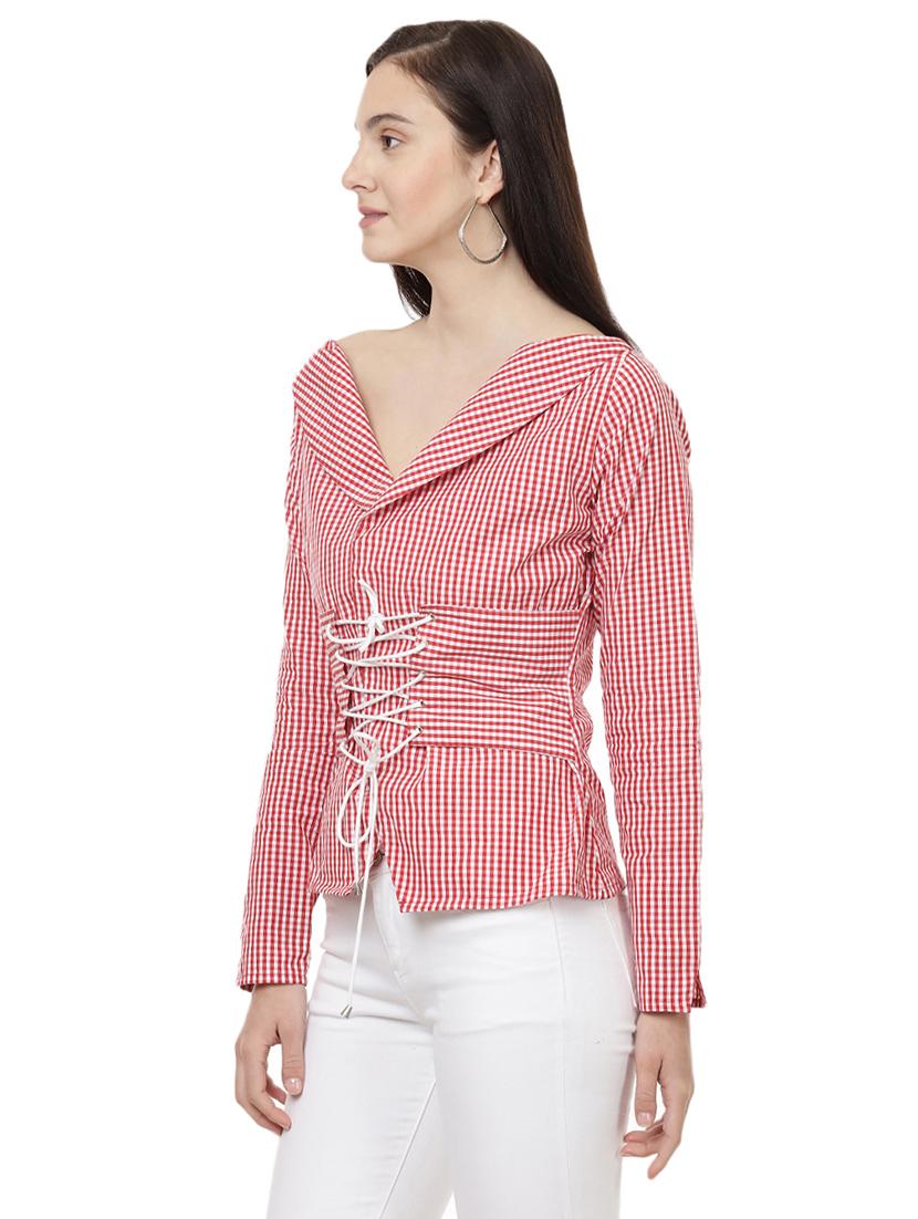 red gingham checkered lace up top - 14923875 - Zoom Image - 2