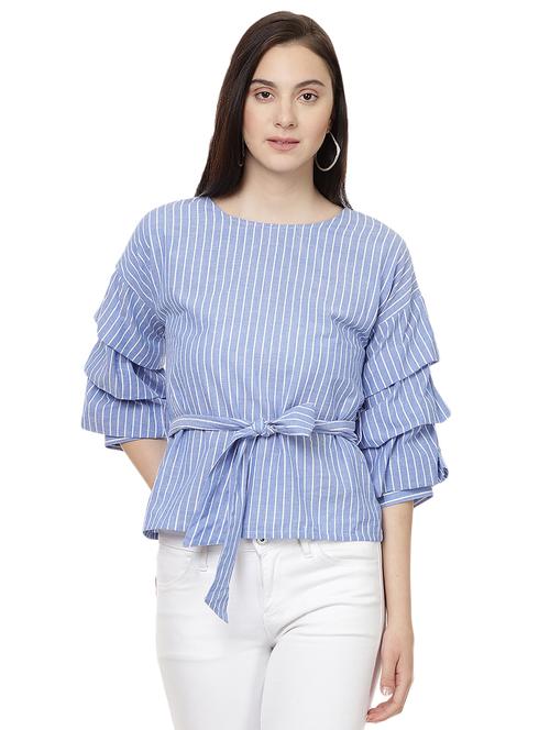 light blue striped front tie up top - 14923879 - Standard Image - 1