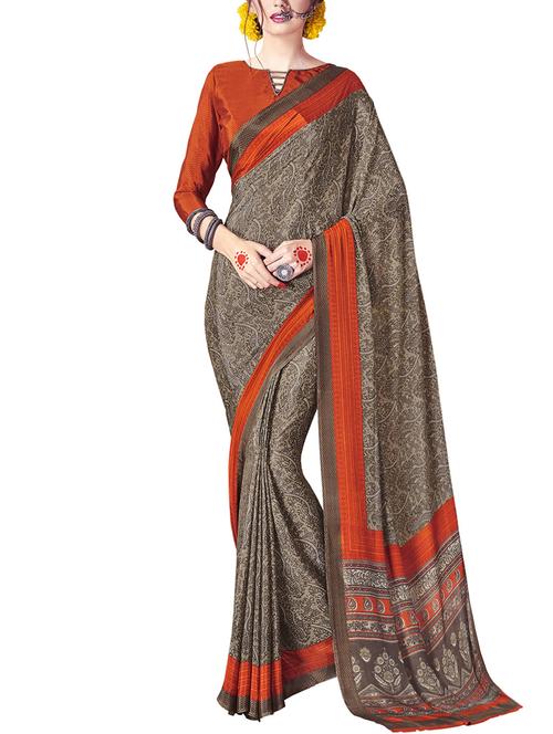 grey crepe printed saree with blouse - 14923904 - Standard Image - 1