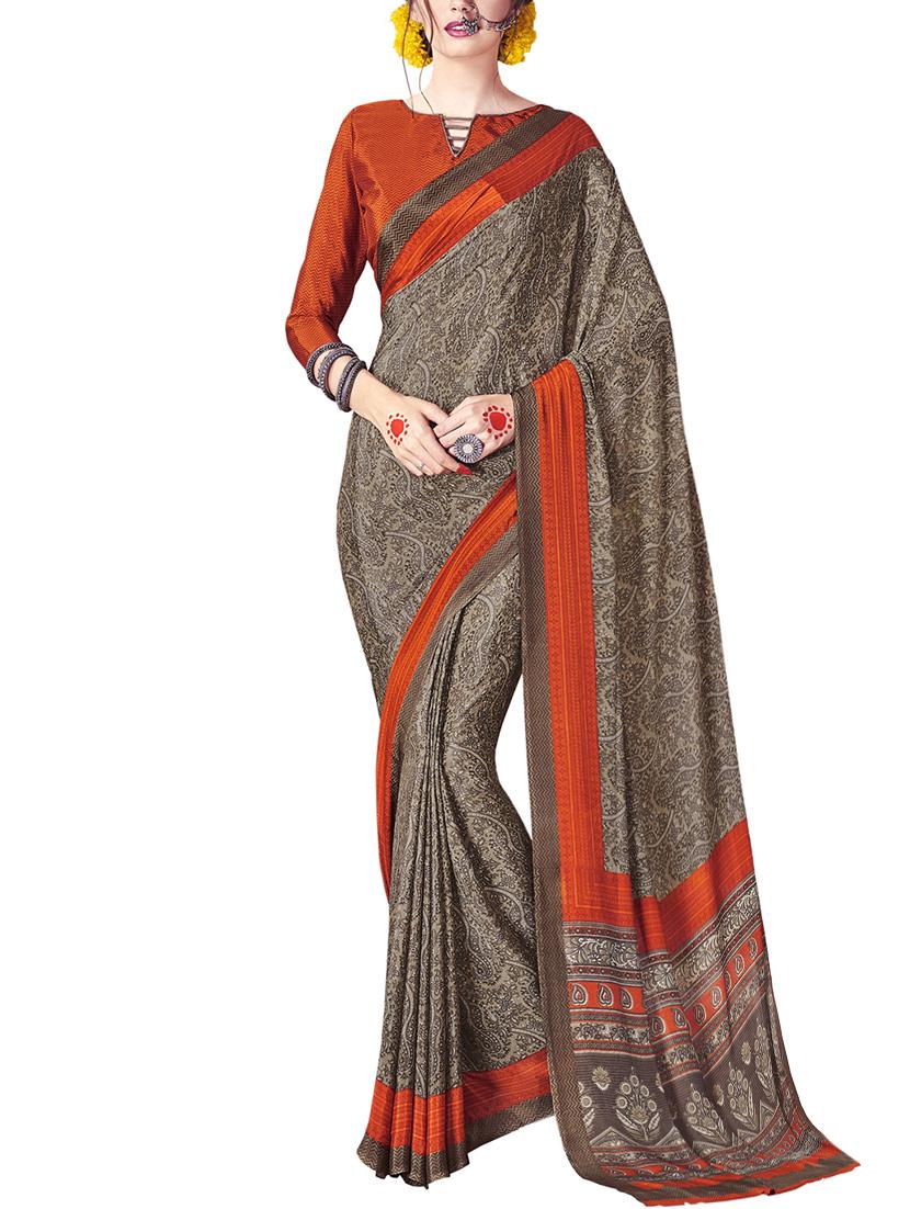 grey crepe printed saree with blouse - 14923904 - Zoom Image - 1