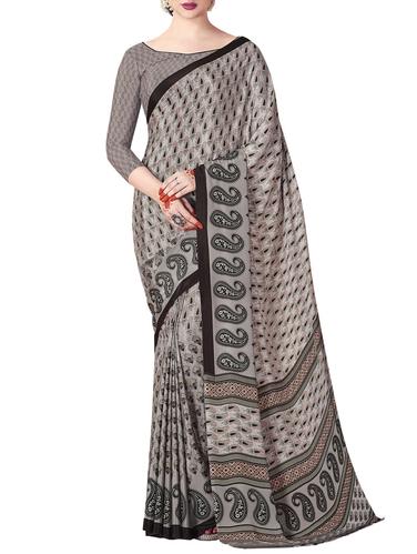 grey crepe printed saree with blouse - 14923906 - Very Small Image - 1