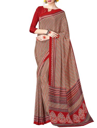 beige crepe printed saree with blouse - 14923908 - Very Small Image - 1