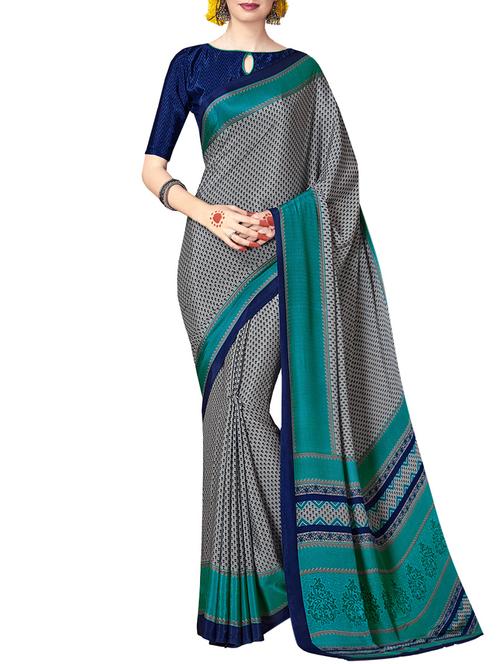 Contrast bordered printed saree with blouse - 14923909 - Standard Image - 1