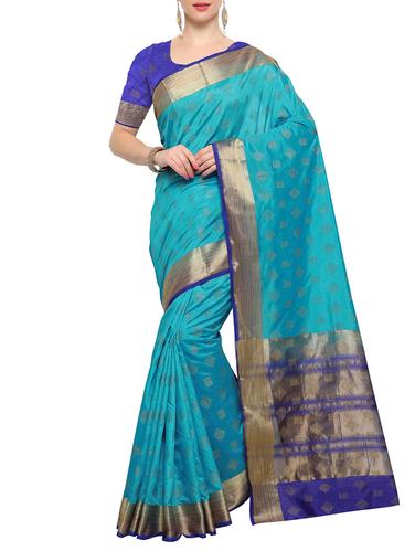 turquoise banarasi saree with blouse - 14923924 - Very Small Image - 1