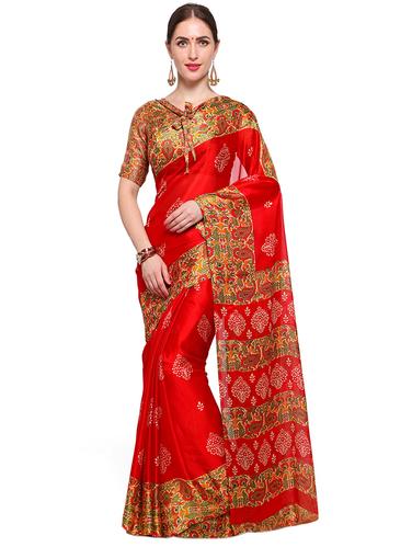 red chiffon printed saree with blouse - 14924293 - Very Small Image - 1