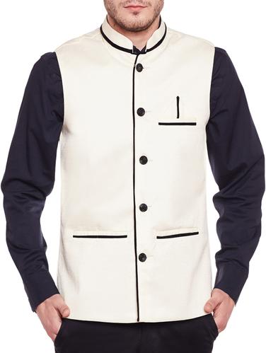 white cotton blend nehru jacket - 14924671 - Very Small Image - 1