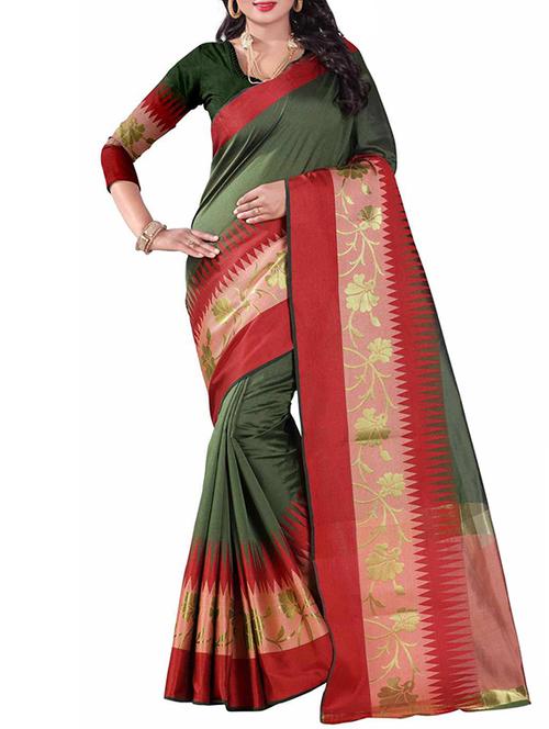 mehandi cotton silk bordered saree with blouse - 14925681 - Standard Image - 1