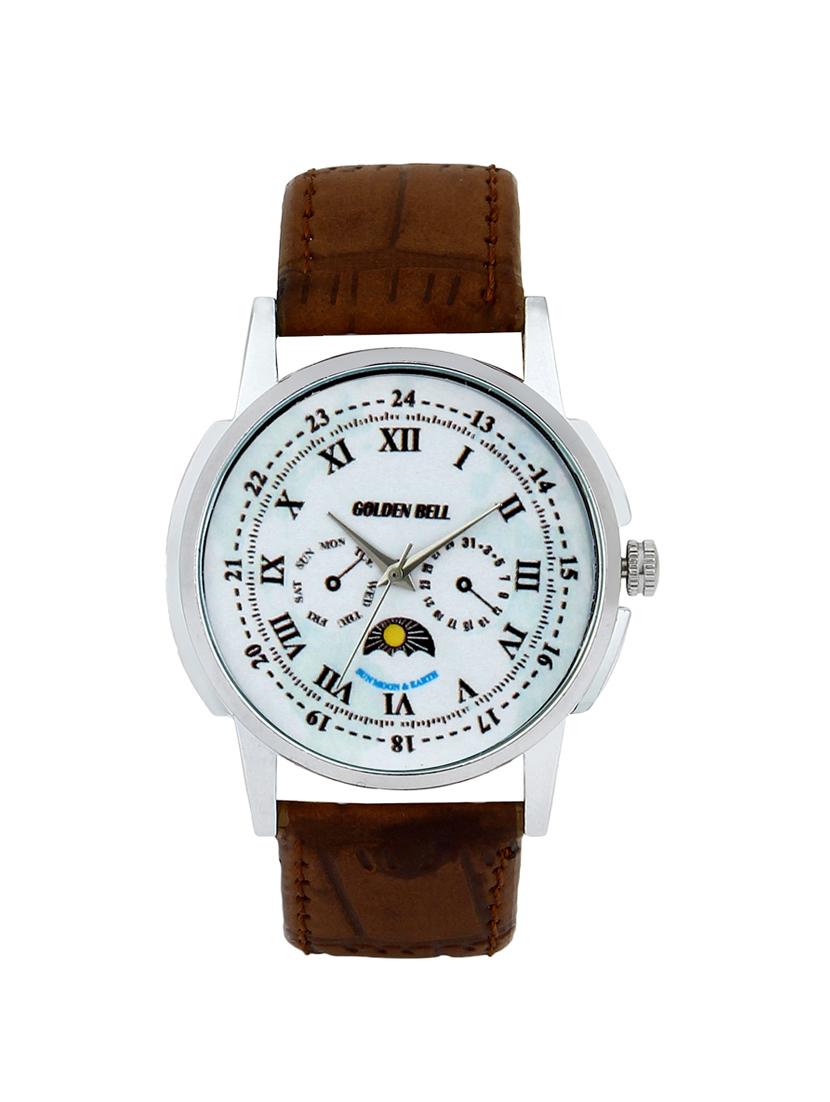Golden bell White Dial Brown Leather Strap Analog Wrist Watch - 14925954 - Zoom Image - 1