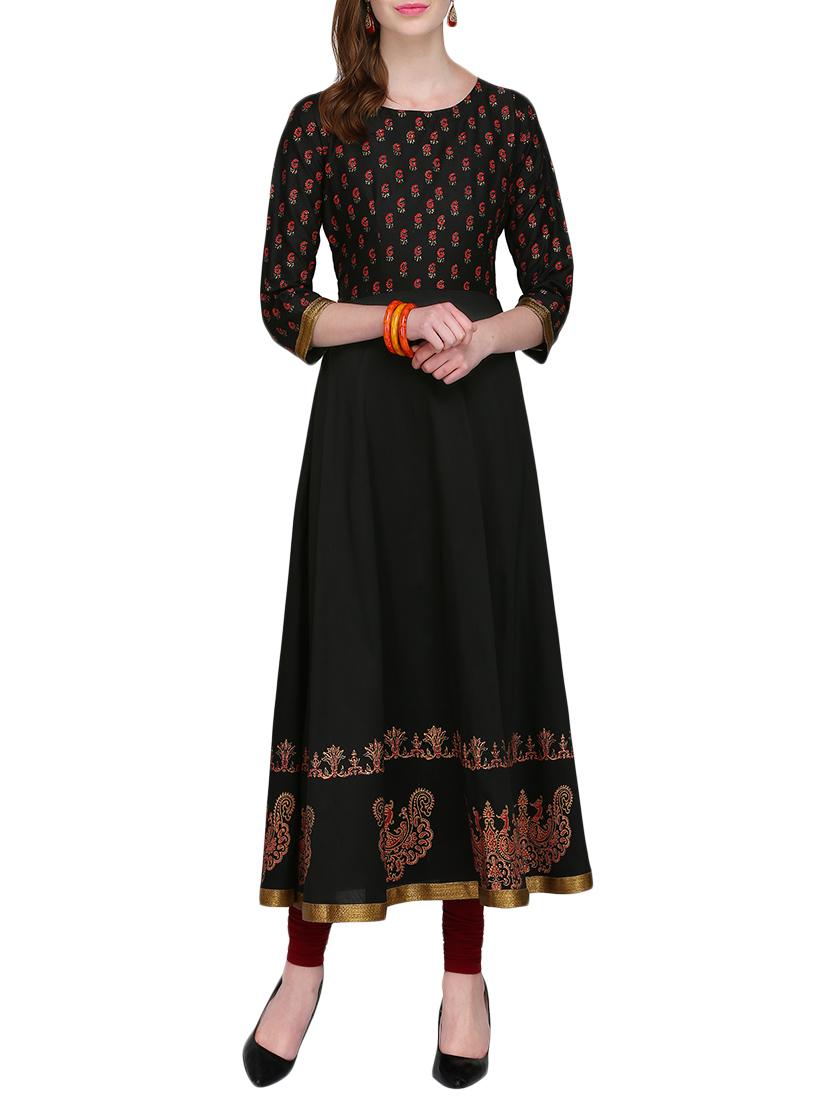 kaanchie nanggia black cotton blend flared kurta - 14926701 - Zoom Image - 1